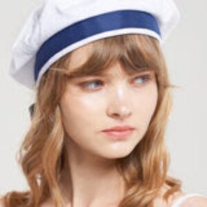White Beret with Navy Ribbon